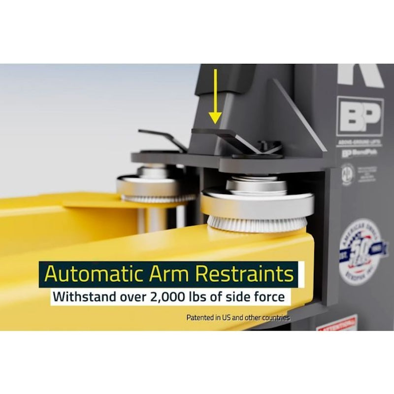 BendPak 10k 2 Post Lift 10AP Automatic Arm Restraints Withstand Over 2,000Lbs Of Side Force To Prevent Unintended Lift Arm Movement