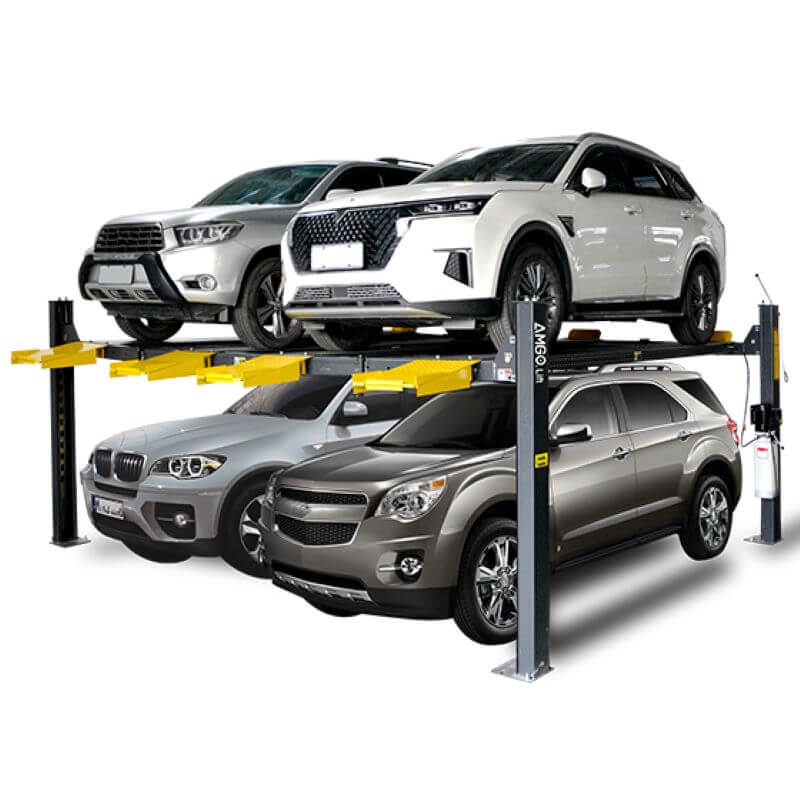 AMGO 409-DPX Double Wide 4 Post Car Lift Main Image with 4 cars in action