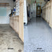Before and after of a DIY polyaspartic garage floor kit in Designer Gray flake, bare concrete beside the finished coated floor