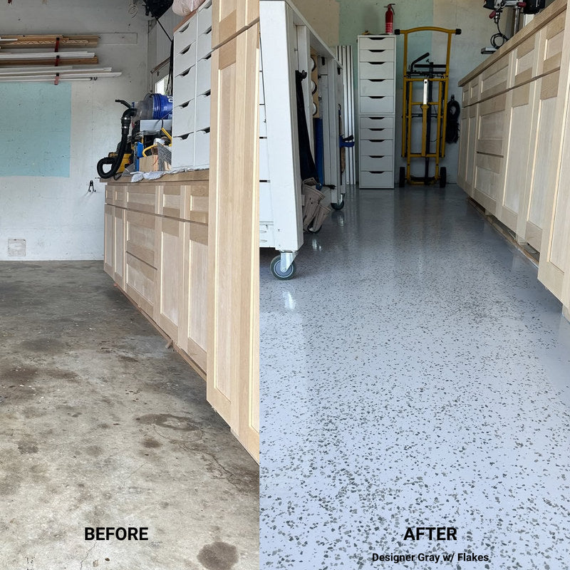 Before and after of a DIY polyaspartic garage floor kit in Designer Gray flake, bare concrete beside the finished coated floor