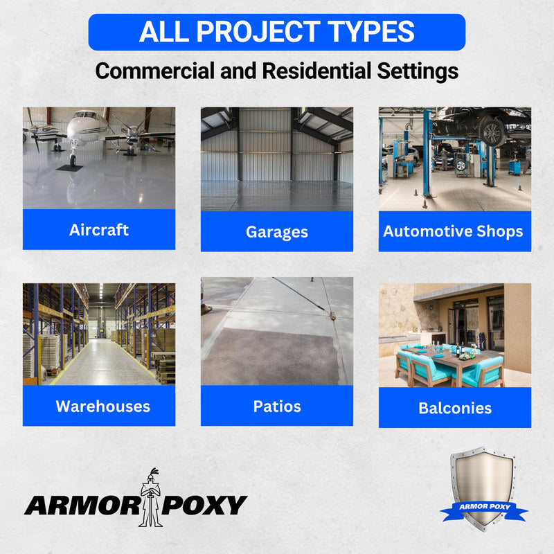 Project types for ArmorPoxy polyaspartic floor coating: aircraft hangars, garages, automotive shops, warehouses, patios and balconies