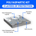 Cross-section diagram of the two-layer polyaspartic floor system over bare concrete: tinted basecoat with decorative flecks under a clear polyaspartic topcoat