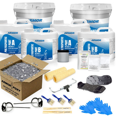 ArmorPoxy polyaspartic full broadcast kit contents laid out flat: Part A and Part B basecoat and topcoat buckets, box of decorative flakes, rollers, spiked shoes, mixing paddles, brushes and gloves