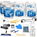 ArmorPoxy polyaspartic garage floor coating kit contents laid out flat: Part A and Part B buckets, mixing paddles, spiked shoes, gloves, brushes, squeegee and decorative flake