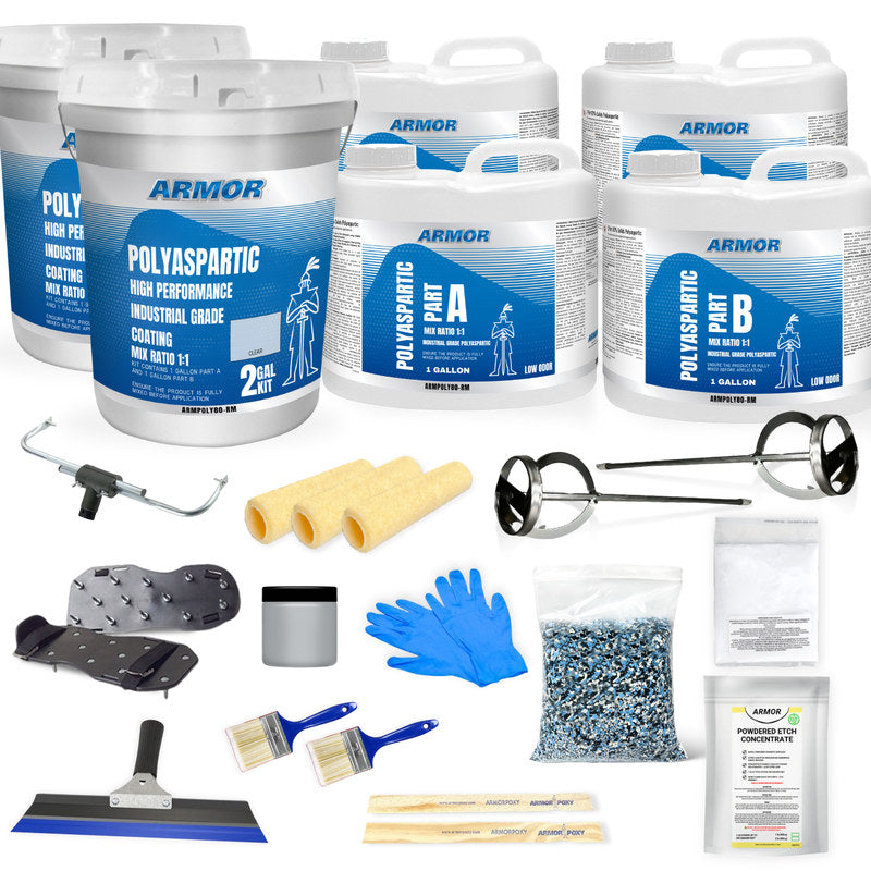 ArmorPoxy polyaspartic garage floor coating kit contents laid out flat: Part A and Part B buckets, mixing paddles, spiked shoes, gloves, brushes, squeegee and decorative flake