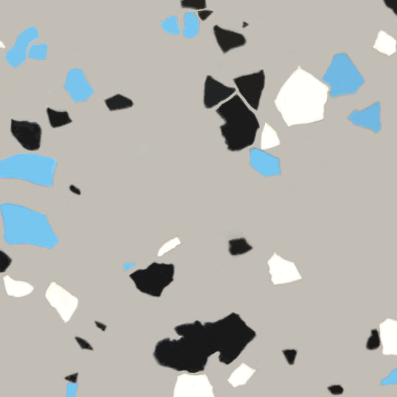 ArmorPoxy Gray medium broadcast flake swatch: warm gray polyaspartic base with black, white and light blue flecks