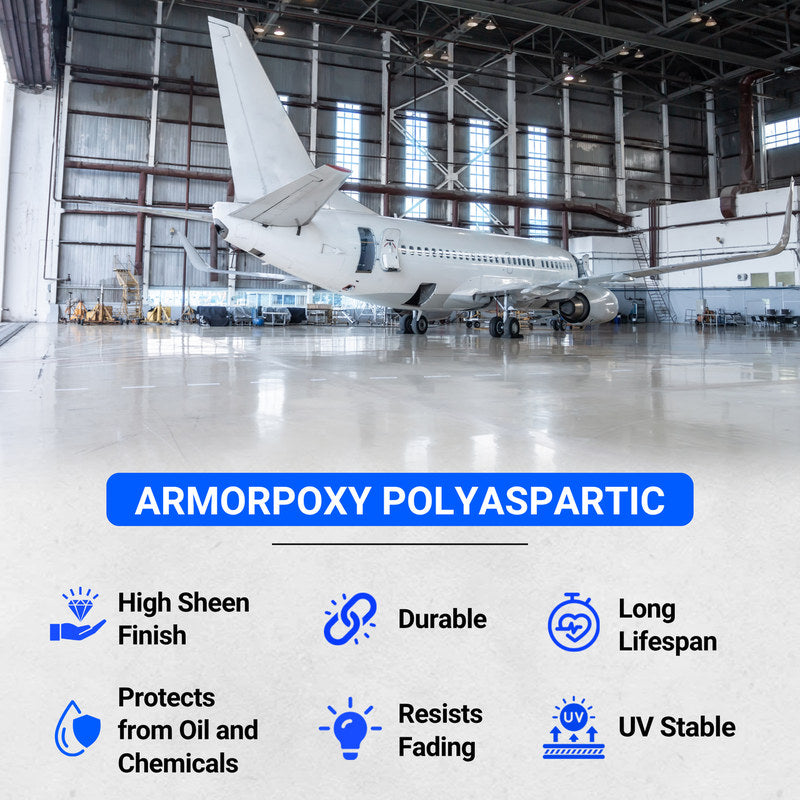 UV stable polyaspartic coated aircraft hangar floor with a high sheen finish that won't yellow and resists hot tire pickup, oil and chemicals