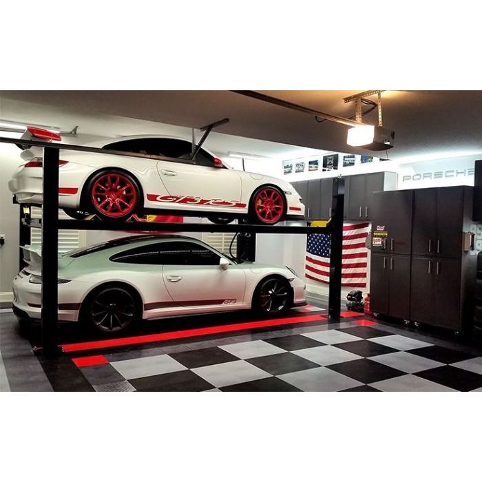 BendPak HD-9ST 4 Post Car Lift 9000lb Capacity Lifestyle 2 White Sports Cars In Black And Red Garage