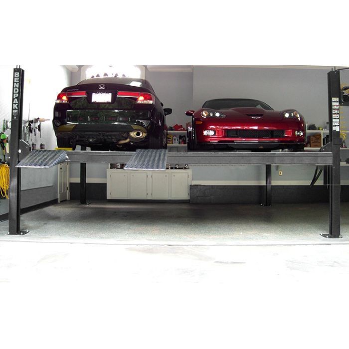 BendPak HD-9SW Dual-Platform 4-Post Car Lift 9000lb Capacity Lifestyle Home Garage With 2 Cars On Top Level