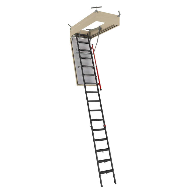 Fakro LMF 60 Fire-Rated Metal Attic Ladder right angle view with box and brackets