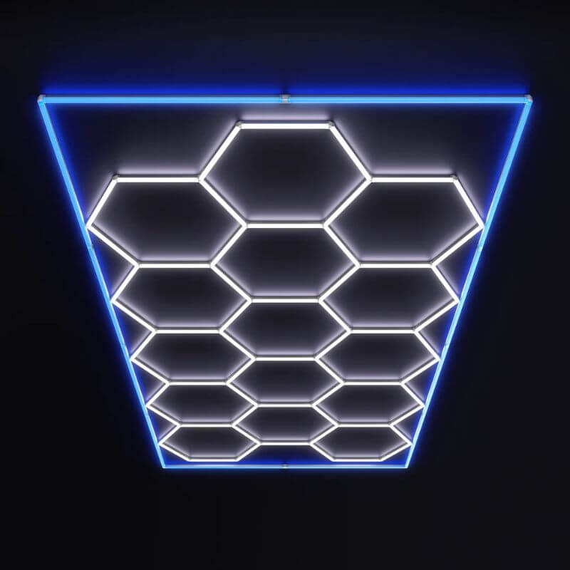 HexGlow Standard Hexagon LED Garage Light 15 Grid with Blue Border