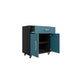 Manhattan Comfort Eiffel 2-Piece Storage Garage Set in Matte Black and Aqua Blue Lower Showing Doors and Drawers Open