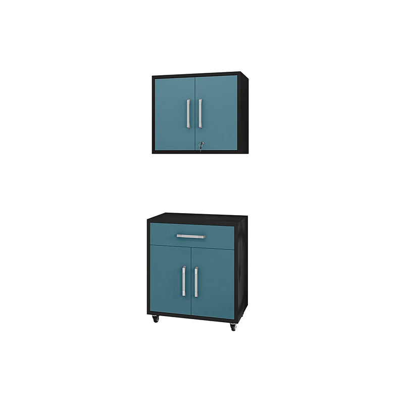 Manhattan Comfort Eiffel 2-Piece Storage Garage Set in Matte Black and Aqua Blue Set