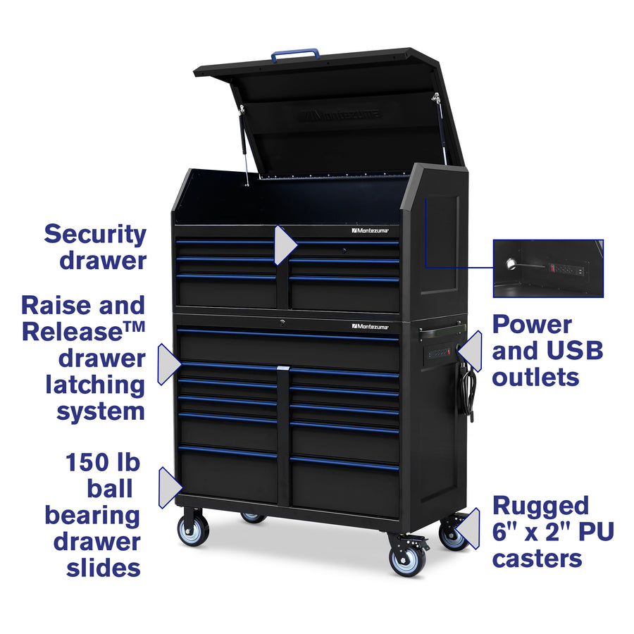 Montezuma Storage 46 IN. X 24 IN. 17-Drawer Rolling Tool Chest and Cabinet Combo Features