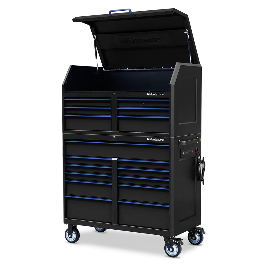 Montezuma Storage 46 IN. X 24 IN. 17-Drawer Rolling Tool Chest and Cabinet Combo Right Angle With Top Open