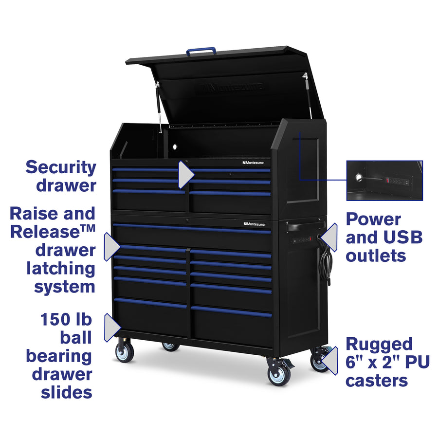 Montezuma Storage 56 IN. X 24 IN. 17-Drawer Rolling Tool Chest and Cabinet Combo Features