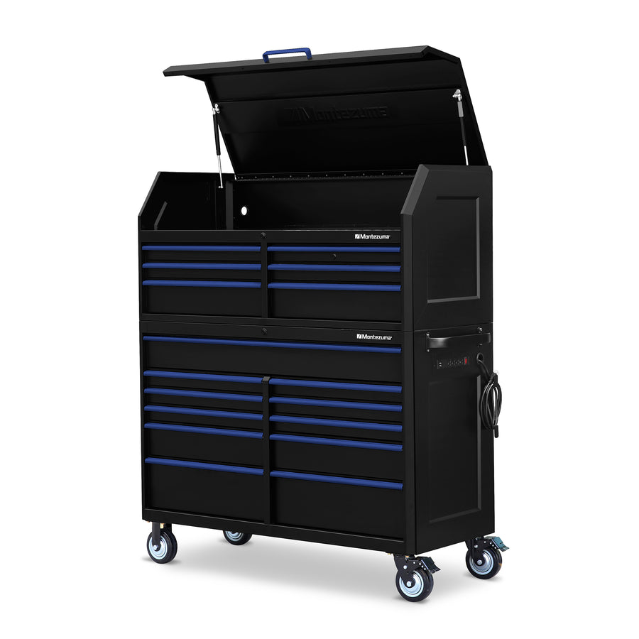 Montezuma Storage 56 IN. X 24 IN. 17-Drawer Rolling Tool Chest and Cabinet Combo Right Angle With Top Open