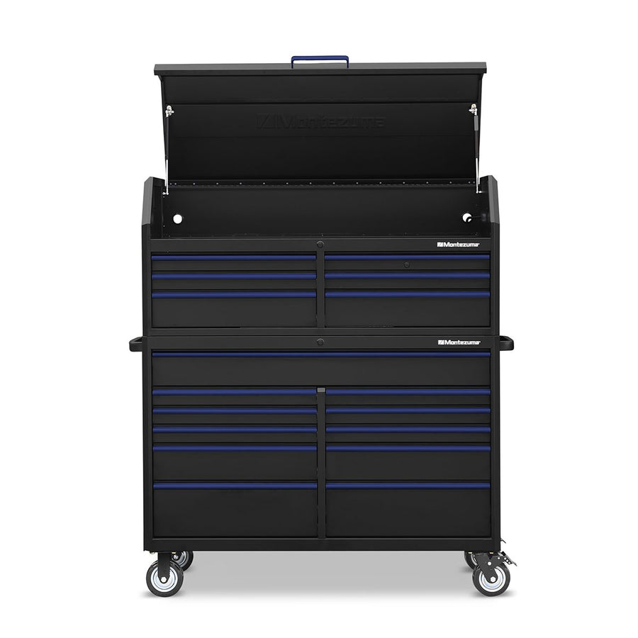 Montezuma Storage 56 IN. X 24 IN. 17-Drawer Rolling Tool Chest and Cabinet Combo Top Open