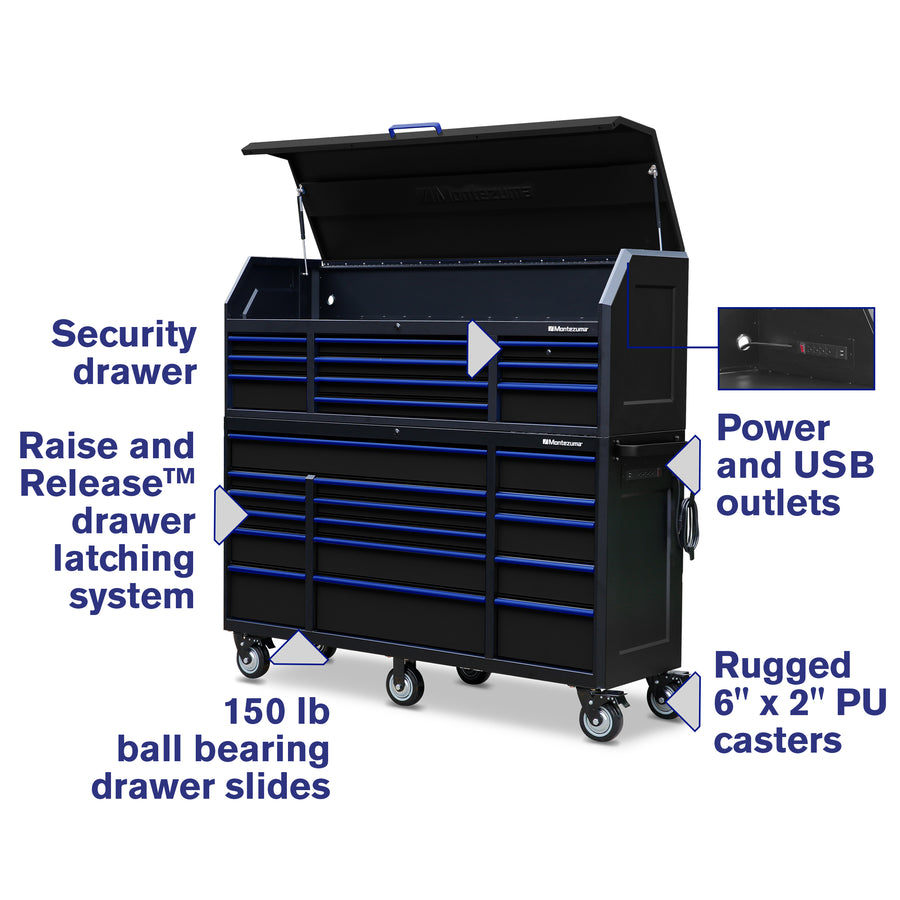 Montezuma Storage 72 IN. X 20 IN. 26-Drawer Rolling Tool Chest and Cabinet Combo Features