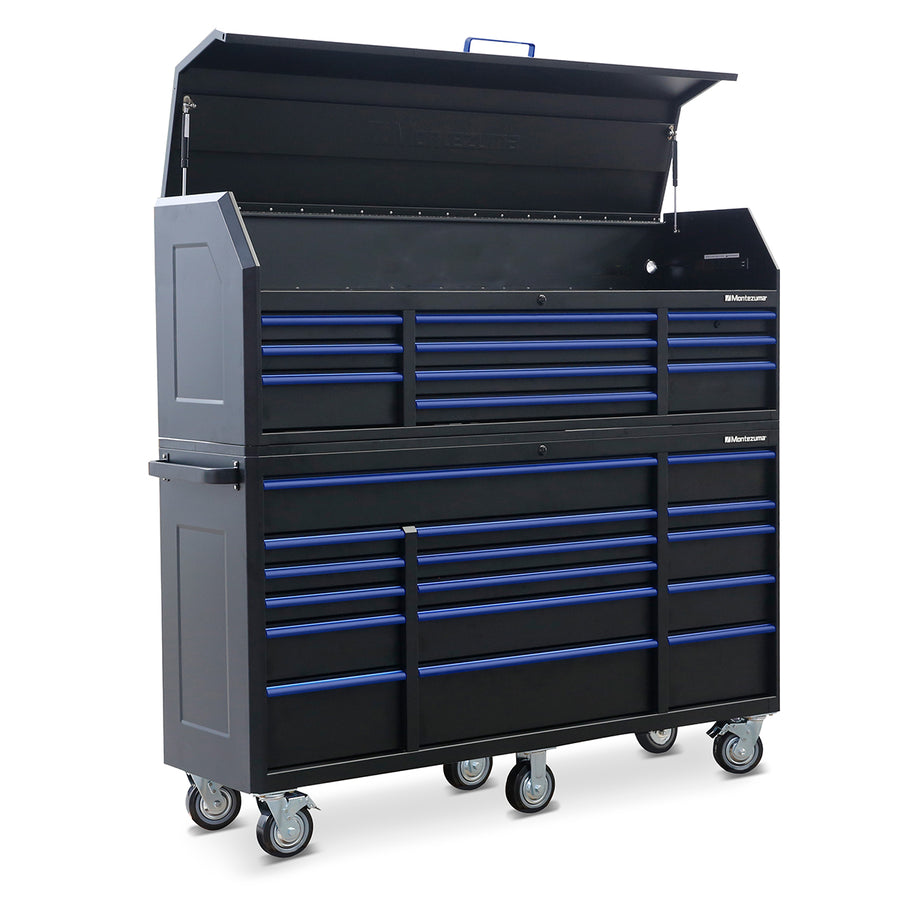 Montezuma Storage 72 IN. X 20 IN. 26-Drawer Rolling Tool Chest and Cabinet Combo Left View With Top Open