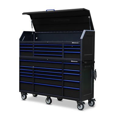 Montezuma Storage 72 IN. X 20 IN. 26-Drawer Rolling Tool Chest and Cabinet Combo Right View With Chest Open