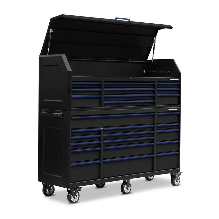 Montezuma Storage 72 IN. X 24 IN. 26-Drawer Rolling Tool Chest and Cabinet Combo Left View With Top Open