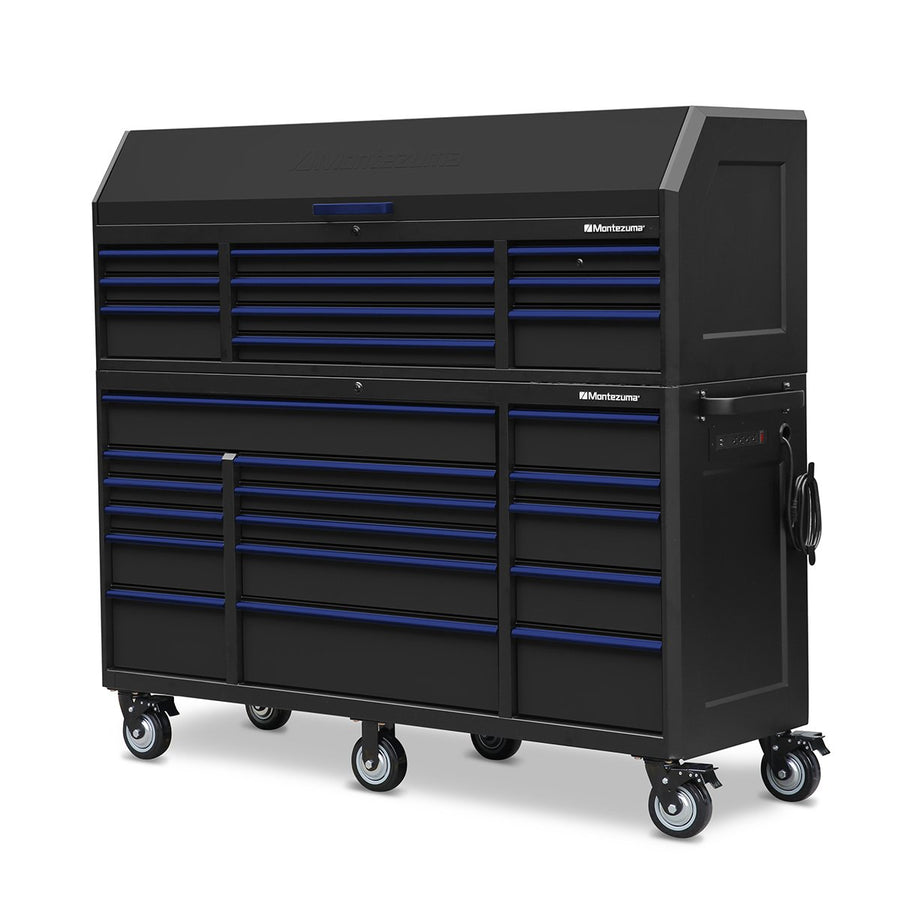 Montezuma Storage 72 in X 24 in 26-Drawer Rolling Tool Chest and Cabinet Combo in Blue and Black