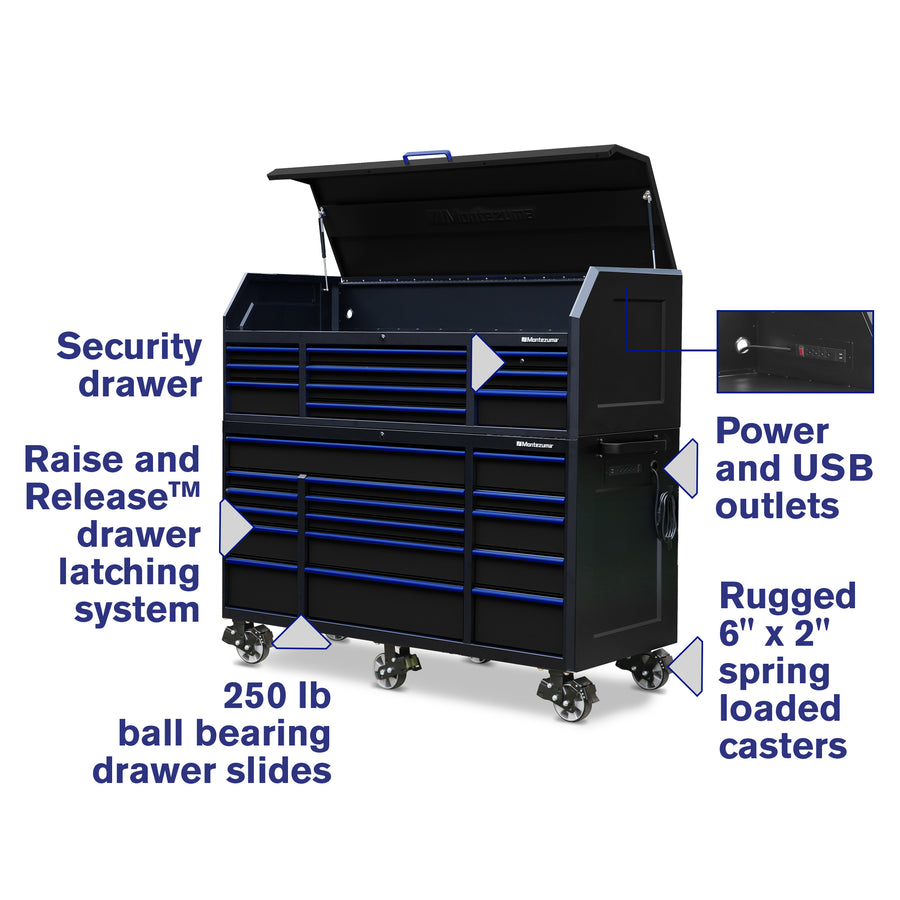 Montezuma Storage 72 IN. X 30 IN. 26-Drawer Rolling Tool Chest and Cabinet Combo Features