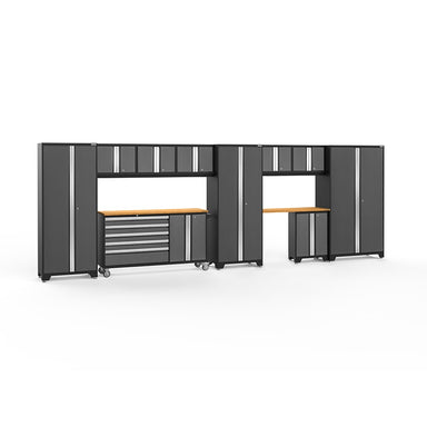 NewAge Bold Series 11 Piece Cabinet Set With Rolling Work Center In Gray/Black With Bamboo Worktops