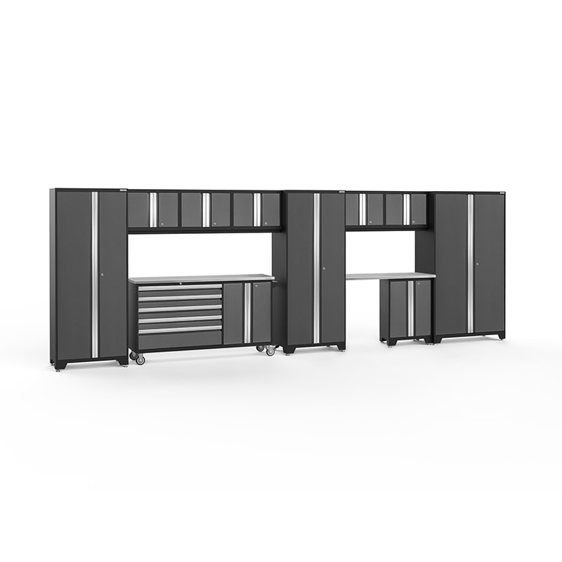 NewAge Bold Series 11 Piece Cabinet Set With Rolling Work Center In Gray/Black With Stainless Steel Worktops