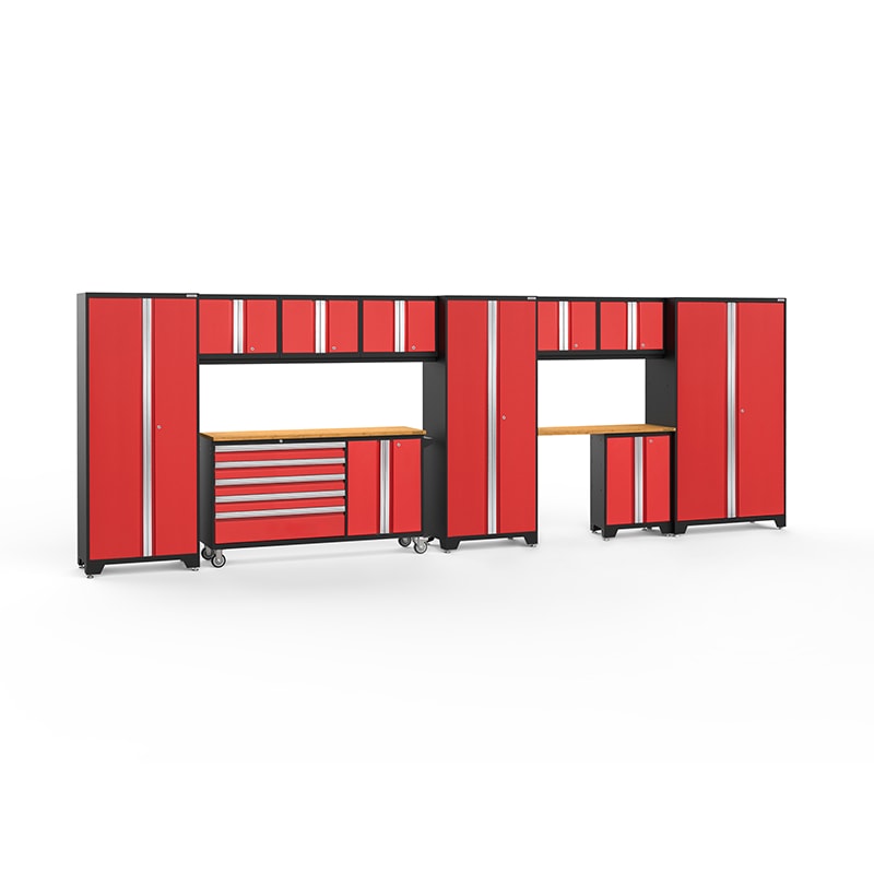 NewAge Bold Series 11 Piece Cabinet Set With Rolling Work Center In Red/Black With Bamboo Worktops