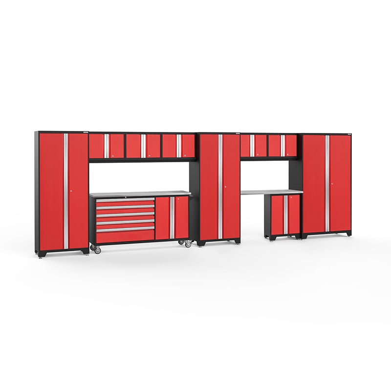 NewAge Bold Series 11 Piece Cabinet Set With Rolling Work Center In Red/Black With Stainless Steel Worktops