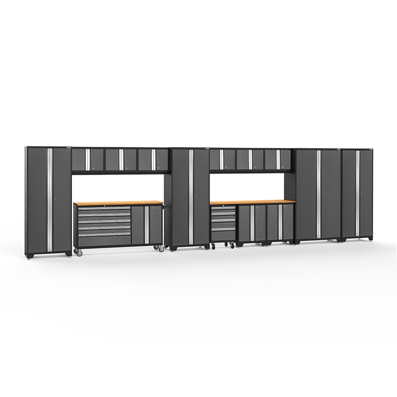 NewAge Bold Series 15 Piece Cabinet Set With Rolling Work Center In Gray/Black With Bamboo Worktop