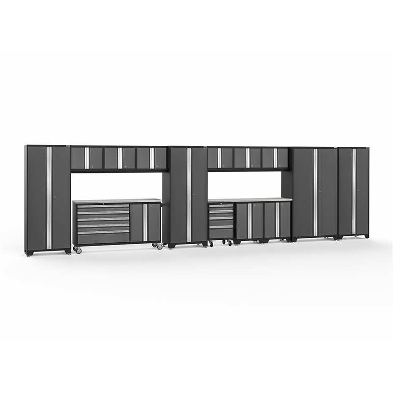 NewAge Bold Series 15 Piece Cabinet Set With Rolling Work Center In Gray/Black With Stainless Steel Worktop