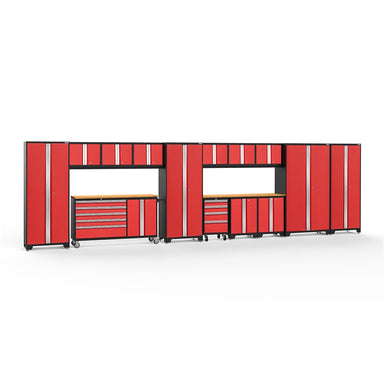 NewAge Bold Series 15 Piece Cabinet Set With Rolling Work Center In Red/Black With Bamboo Worktop