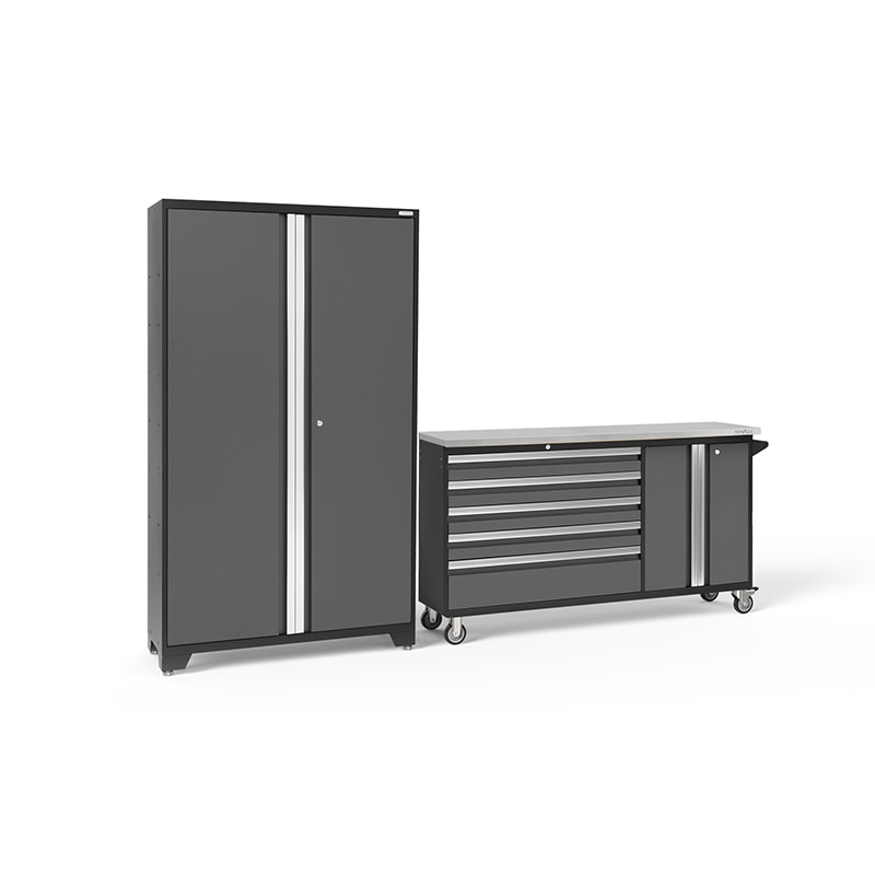 NewAge Bold Series 2 Piece Cabinet Set With Rolling Work Station And Multi-Use Locker In Gray/Black With Stainless Steel Worktop