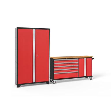 NewAge Bold Series 2 Piece Cabinet Set With Rolling Work Station And Multi-Use Locker In Red/Black With Bamboo Worktop