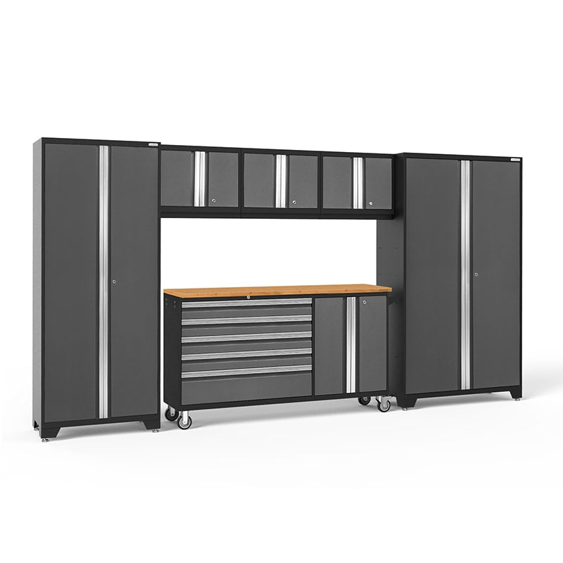 NewAge Bold Series 6 Piece Cabinet set in Gray/Black With Bamboo worktop and Rolling Work Station