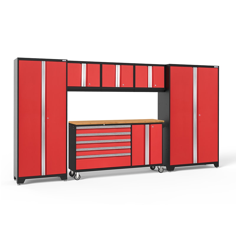 NewAge Bold Series 6 Piece Cabinet set in Red/Black With Bamboo Worktop and Rolling Work Station