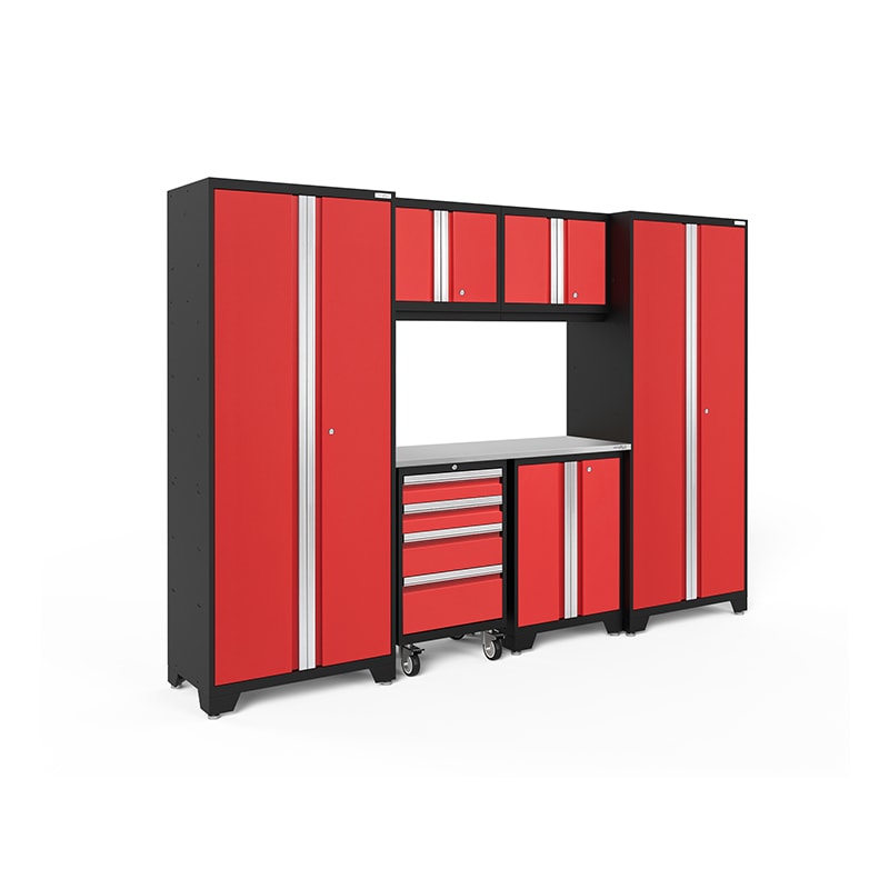 NewAge Bold Series 7 Piece Cabinet Set In Red/Black With Stainless Steel Worktop