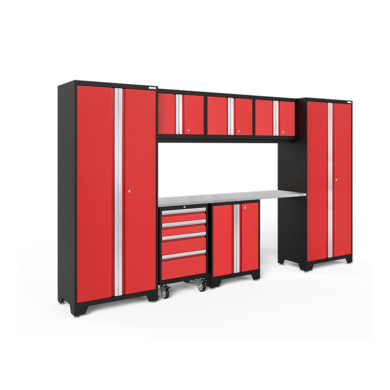 NewAge Bold Series 8 piece Cabinet Set In Red/Black With Stainless Steel Worktop