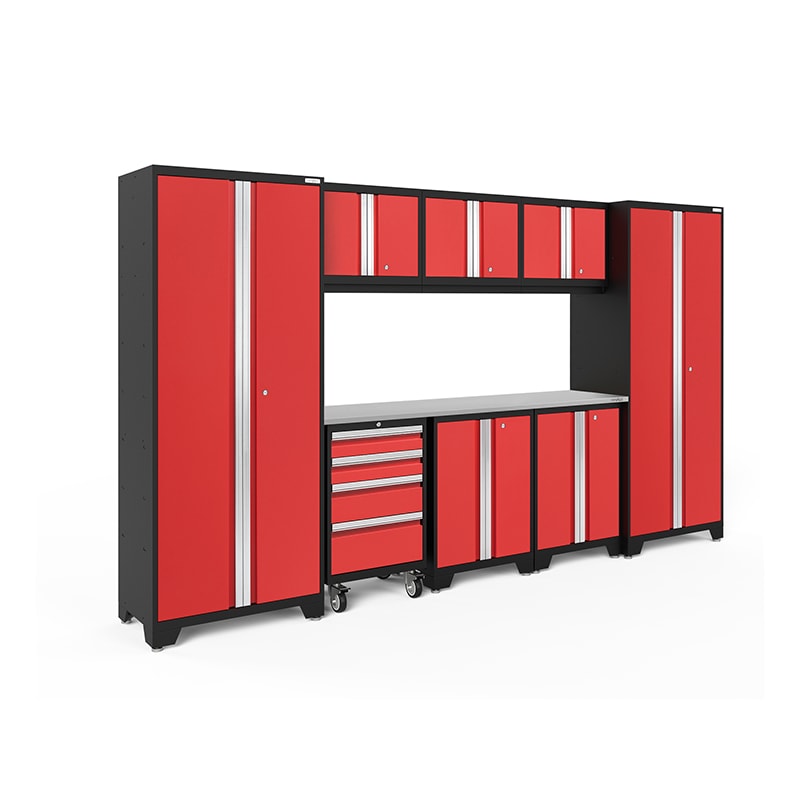 NewAge Bold Series 9 Piece Cabinet Set In Red/Black With Stainless Steel Worktop