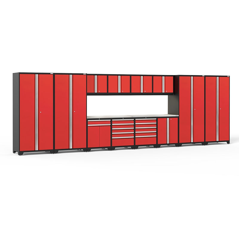 NewAge Pro Series Cabinets 14 PC Tool Drawers And Multi-Cabinet Red Steel Top