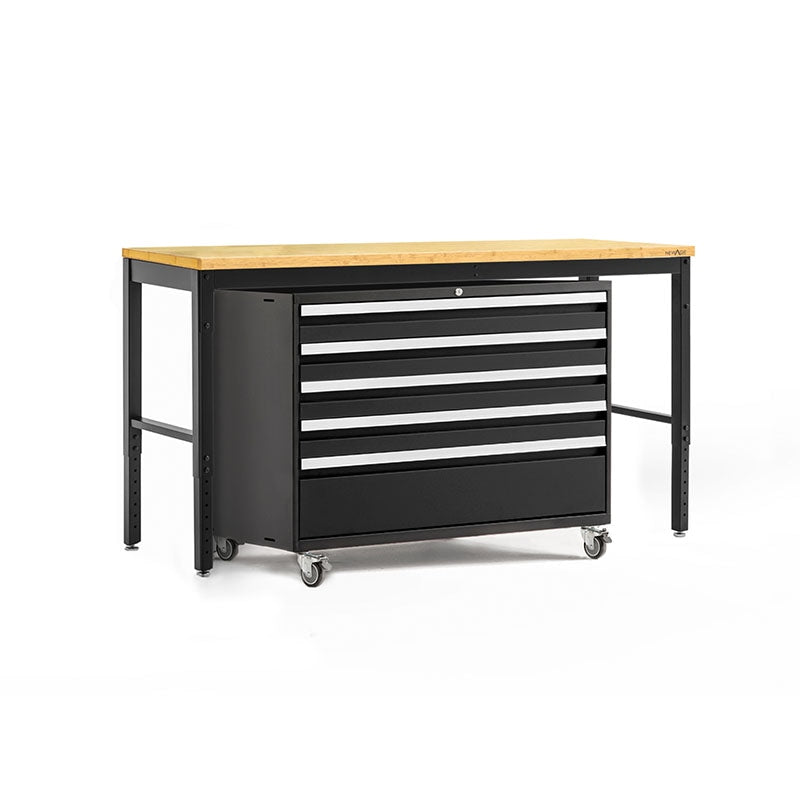 NewAge Pro Series Tool Cart And Work Bench In Black With Bamboo Worktop