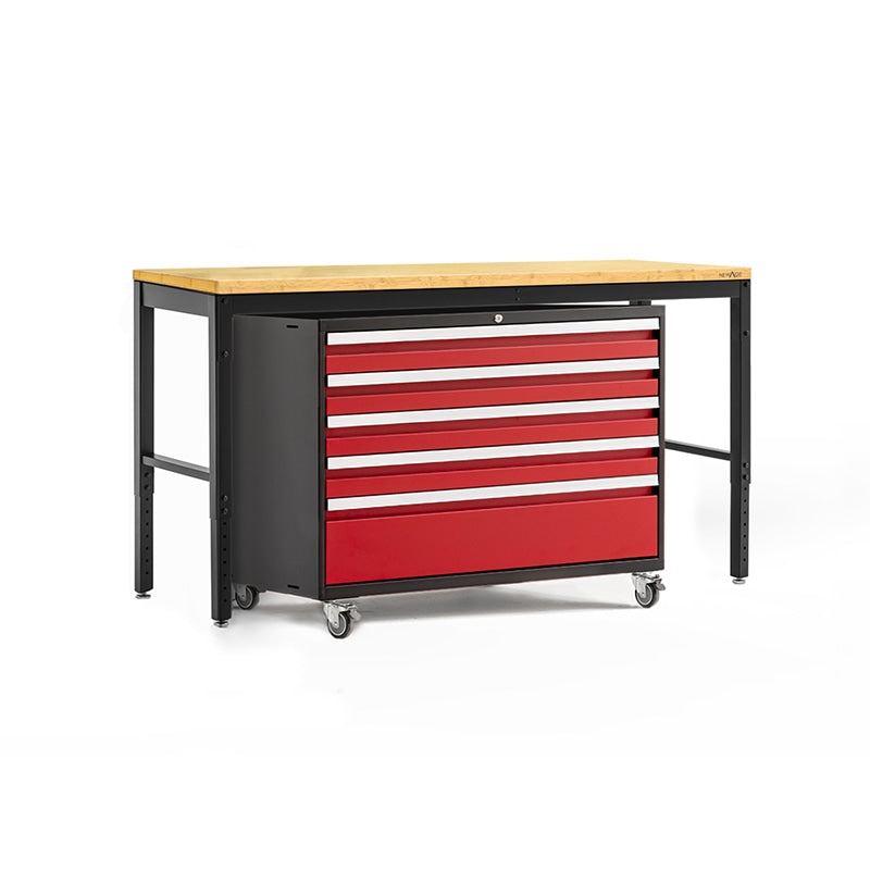 NewAge Pro Series Tool Cart And Work Bench In Red/Black With Bamboo Worktop