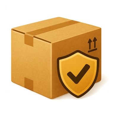 Cardboard box with a shield icon and check mark on a white background