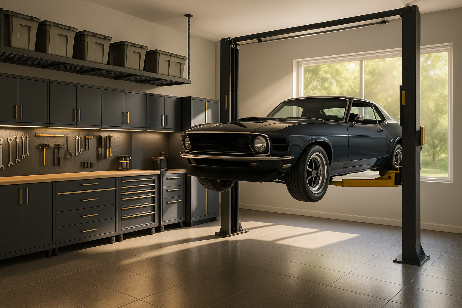 Garage with a black car on a lift, shelves, and tools.