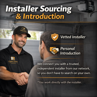 A satisfied customer and installer smiling and shaking hands in a garage