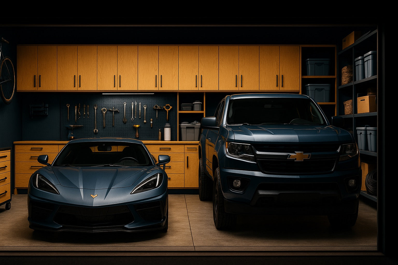 Two cars, a sports car and a pickup truck, in a garage with wooden cabinets and shelves.
