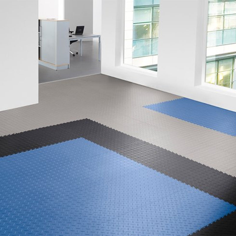 Perfection Floor Tile PFT Diamond Plate Interlocking Square Tiles Black Blue And Light Gray Custom Design